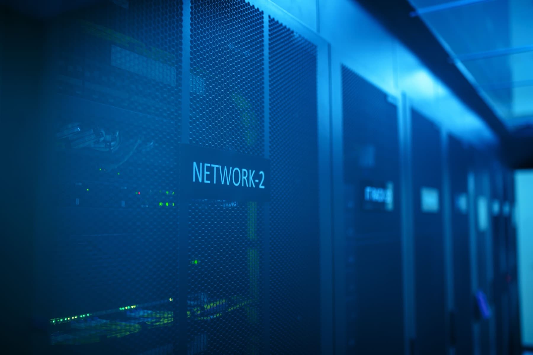 A labelled network rack in a data center